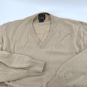 JO S A BANK Mens‎ V Neck Sweater L 100% Italian Merino Wool Beige Long Sleeve
